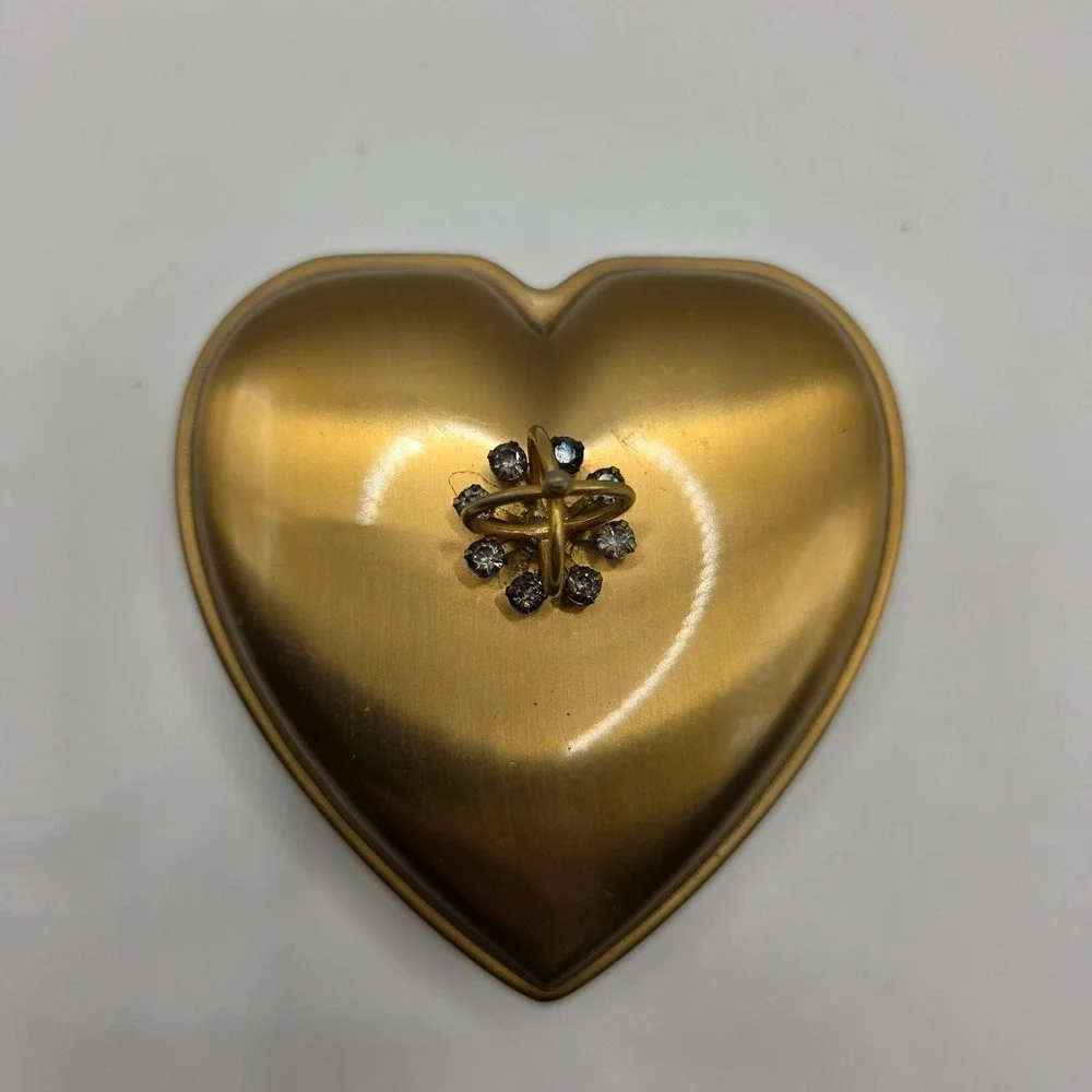 Vintage Gold Heart Jewelry Box Rhinestone Crown Finial Hinged Trinket Case